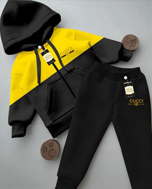Printed Stylish Black & Yellow Kids' Tracksuit Set with Zipper Hoodie and Trousers (1-10 Years)"