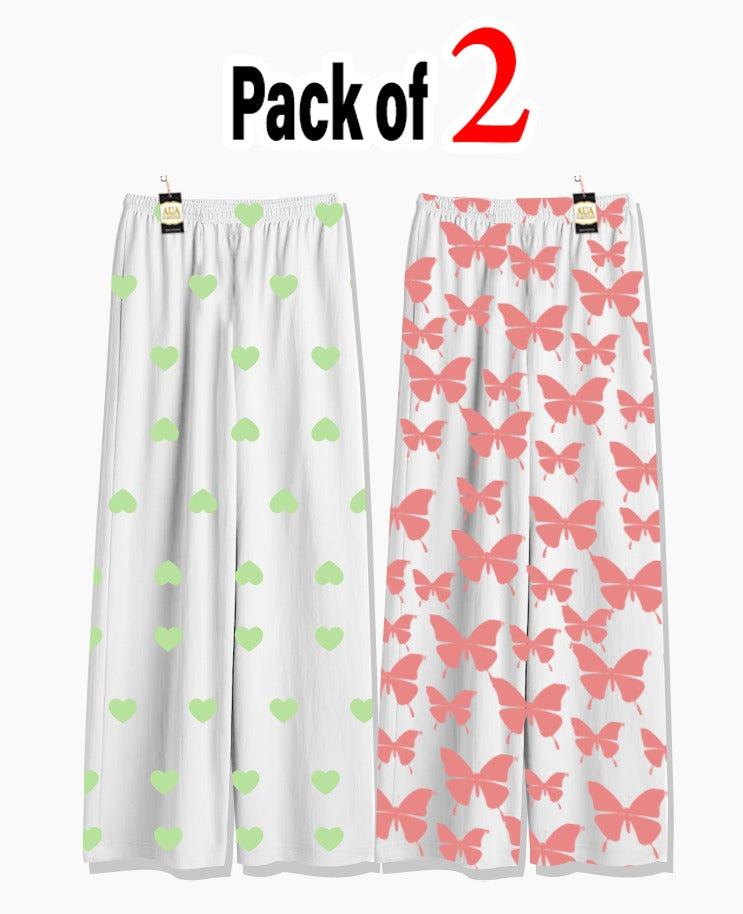 Pack of 2 Women's Nightwear Pajama Set -Green Mini Heart & Peach Butterfly trouser Print