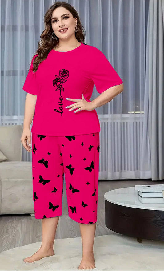 Dark Pink Rose Love Printed Half-Sleeved Vest For Leisure Home Wear Female Sleepwear Night Dress