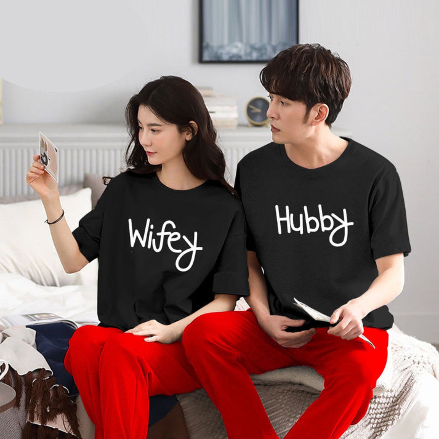 Wifey & Hubby Printed Couple Night Suit for Men and Women Pack of 2 (7 colours)