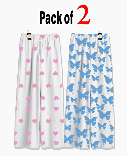 Pack of 2 Women's Nightwear Pajama Set -Pink Mini Heart & Blue butterfly trouser Print