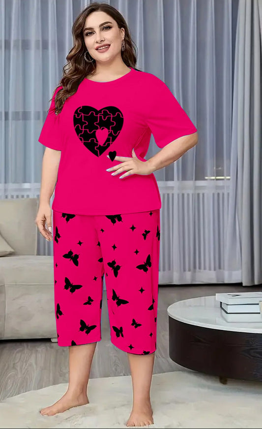Dark Pink Puzzel heart Printed Half-Sleeved Vest For Leisure Home Wear Female Sleepwear Night Dress