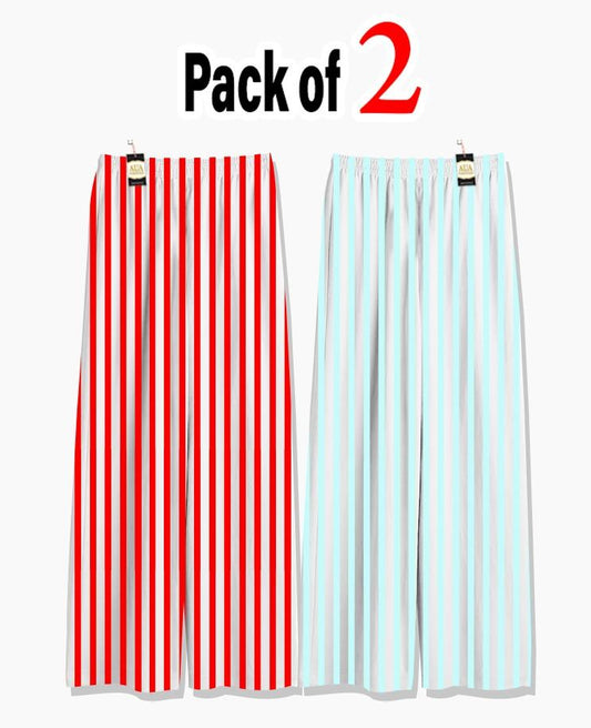 Pack of 2 Women's Nightwear Pajama Set -REd & Blue Lining trouser Print