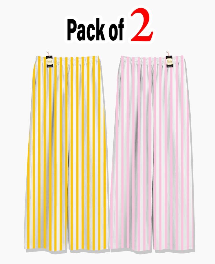 Pack of 2 Women's Nightwear Pajama Set -Yellow & Baby Pink Lining trouser Print