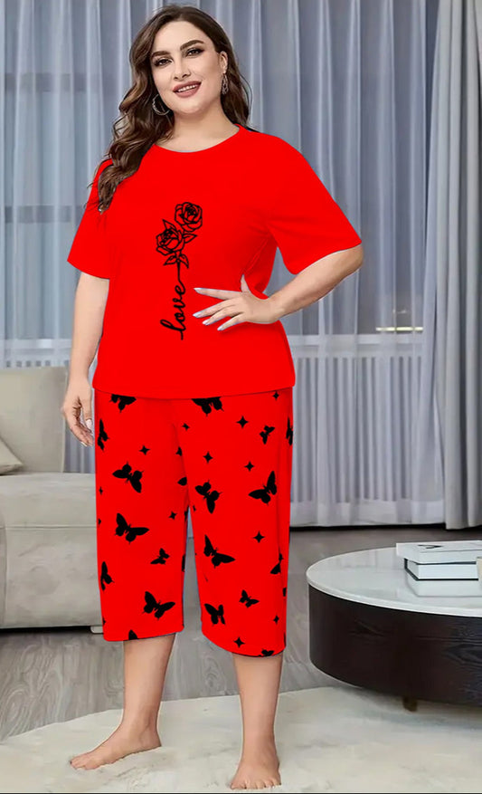 Red Rose Love Printed Half-Sleeved Vest For Leisure Home Wear Female Sleepwear Night Dress