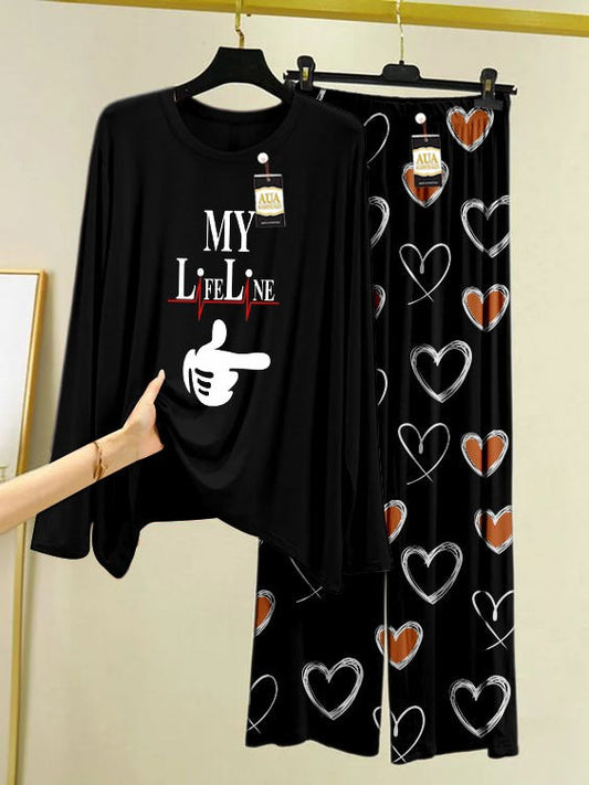 My Life Line Printed Black Color Heart Printed Trouser Lounge wear Nightwear Sleepwear With Heart Prinred Trouser For Women By Ara Closets (004)