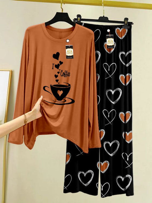 I Love Coffe Printed Beige Color Lounge wear Nightwear Sleepwear With Heart Prinred Trouser For Women