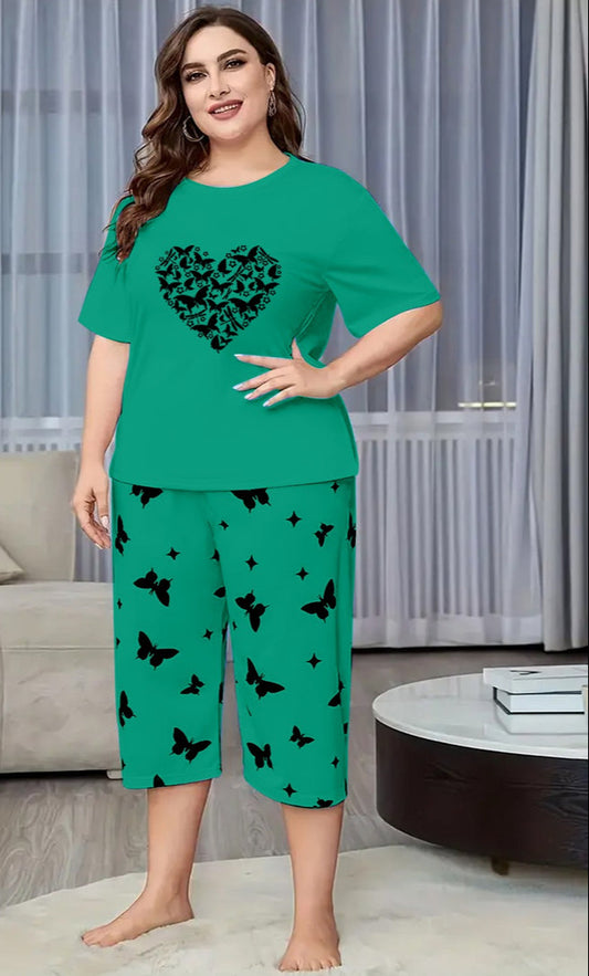 Green Butterfly Heart Printed Half-Sleeved Vest For Leisure Home Wear Female Sleepwear Night Dress