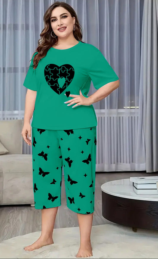 Green Puzzel Heart Printed Half-Sleeved Vest For Leisure Home Wear Female Sleepwear Night Dress