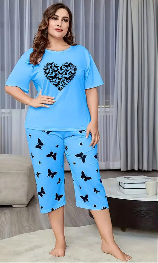 Sky Blue Butterfly Heart Printed Half-Sleeved Vest For Leisure Home Wear Female Sleepwear Night DressSky Blue Butterfly Heart Printed Half-Sleeved Vest For Leisure Home Wear Female Sleepwear Night Dress