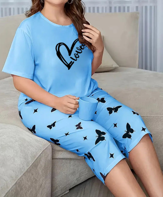 Sky Blue Love Heart Printed Half-Sleeved Vest For Leisure Home Wear Female Sleepwear Night Dress