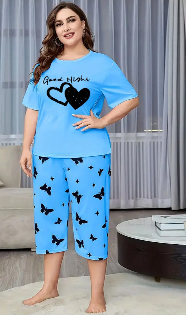 Sky blue Double heart Printed Half-Sleeved Vest For Leisure Home Wear Female Sleepwear Night Dress