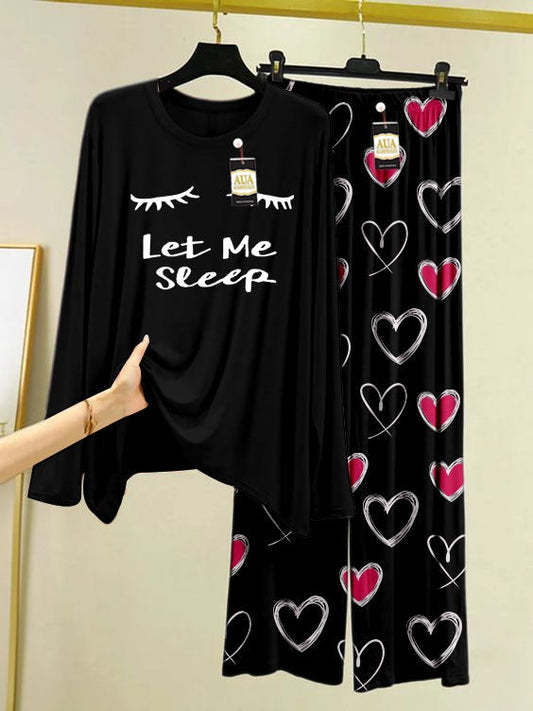 Let Me Sleep Printed Black Heart Printed Trouser Color Lounge wear Nightwear Sleepwear With Heart Prinred Trouser For Women