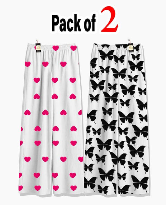 Pack of 2 Women's Nightwear Pajama Set - Pink Mini Heart & Black Butterflt trouser Print