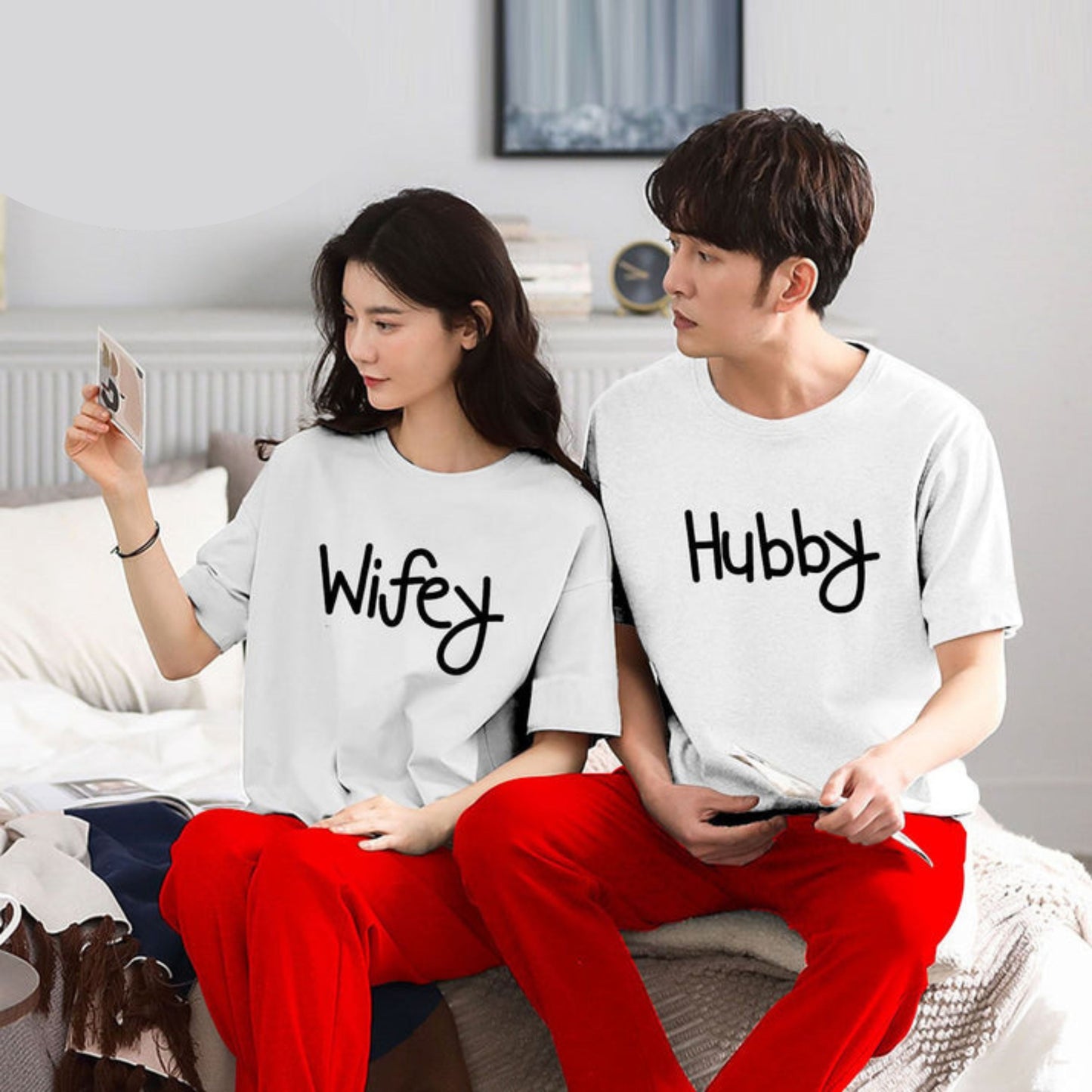 Wifey & Hubby Printed Couple Night Suit for Men and Women Pack of 2 (7 colours)