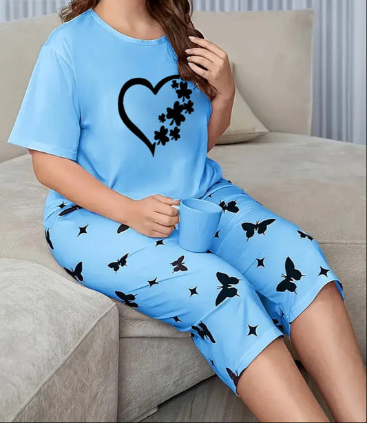 sky blue Women Heart Printed Half-Sleeved Vest For Leisure Home Wear Female Sleepwear Night Dress