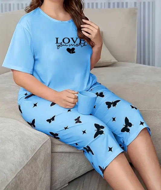 Sky Blue Love Printed Half-Sleeved Vest For Leisure Home Wear Female Sleepwear Night Dress