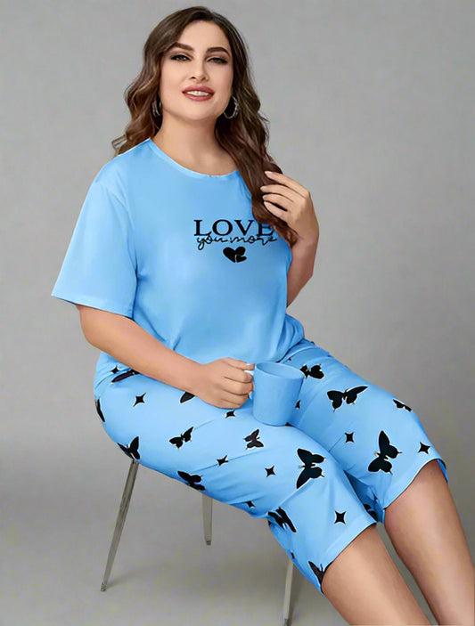 Sky Blue Love Printed Half-Sleeved Vest For Leisure Home Wear Female Sleepwear Night Dress By Ara Closets
