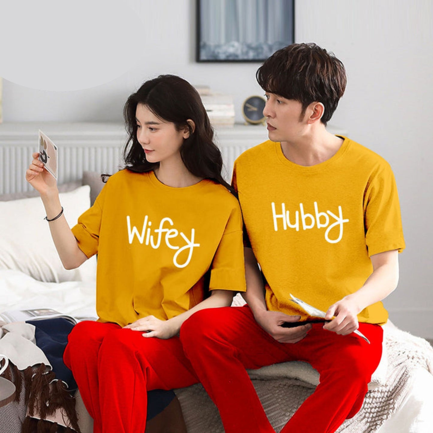 Wifey & Hubby Printed Couple Night Suit for Men and Women Pack of 2 (7 colours)