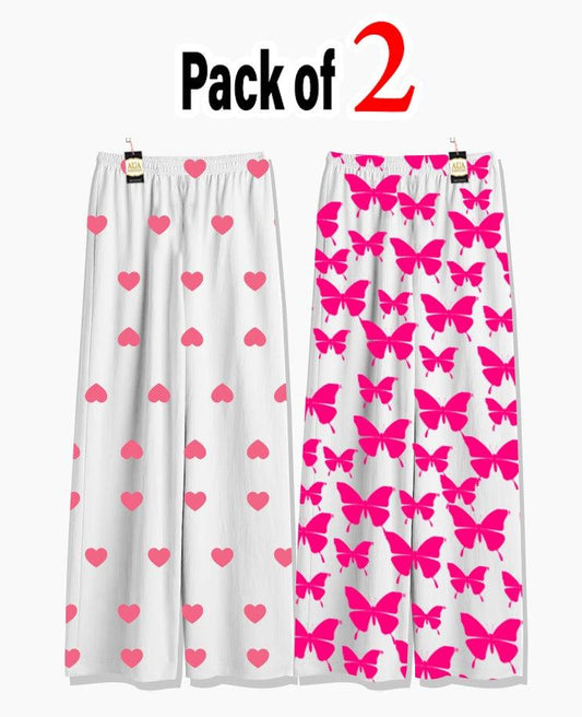 Pack of 2 Women's Nightwear Pajama Set - Baby Pink Mini Heart & Pink Butterfly trouser Print