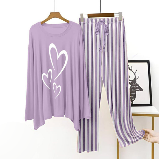 Purple Lining Trouser Printed Night Suit with Luxurious Lining Pajamas Stylish Sleepwear Set for a Cozy Night's Rest (002)