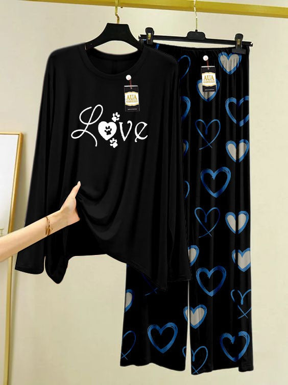 Love Printed Black Color Heart Printed Trouser Lounge wear Nightwear Sleepwear With Heart Prinred Trouser For Women