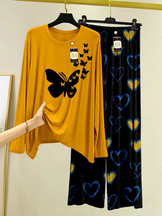 Women's Printed Night Suit with cute heart printed Pajamas - Stylish Sleepwear Set for a Cozy Night's Rest (mustard)