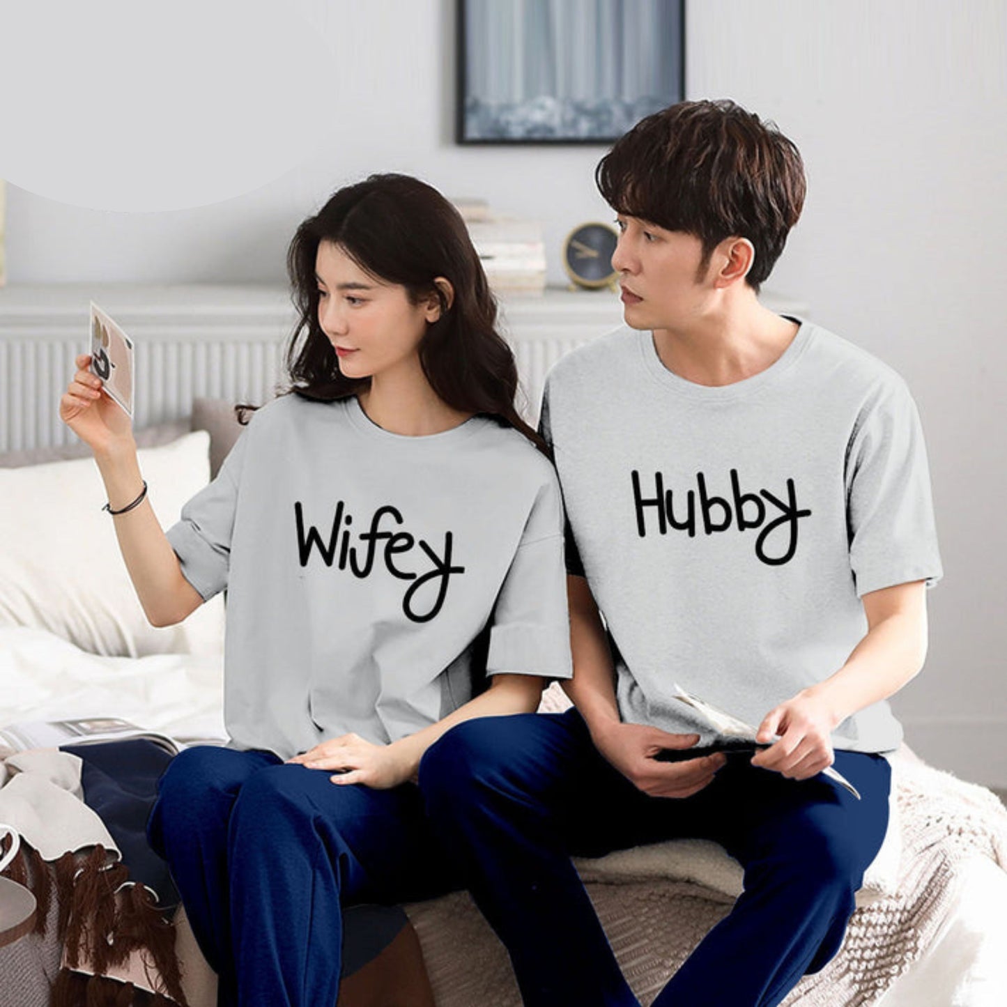 Wifey & Hubby Printed Couple Night Suit for Men and Women Pack of 2 (7 colours)