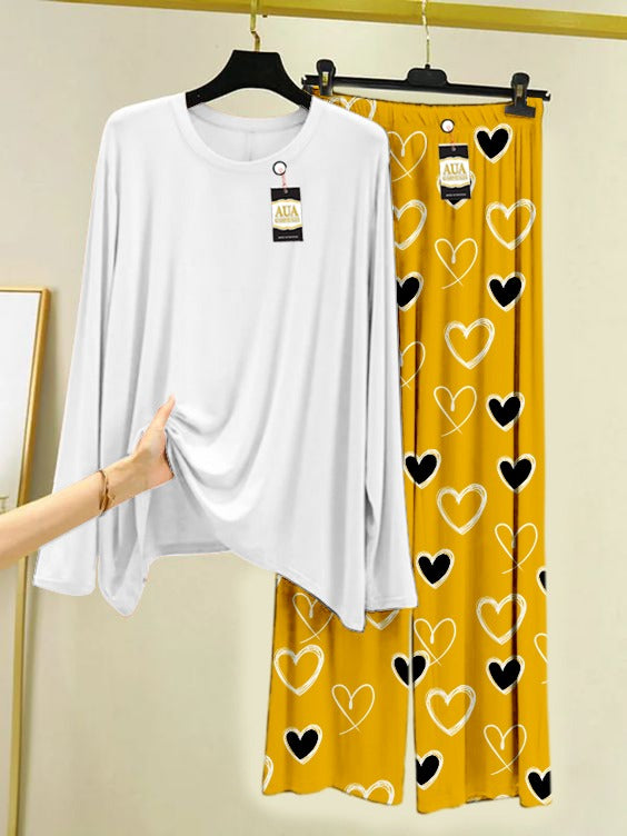 Plain Heart Printed Trouser Lounge wear Nightwear Sleepwear With Heart Prinred Trouser For Women