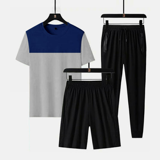 3 piece cross panel tracksuit for men (Panel t shirt + trouser + short)