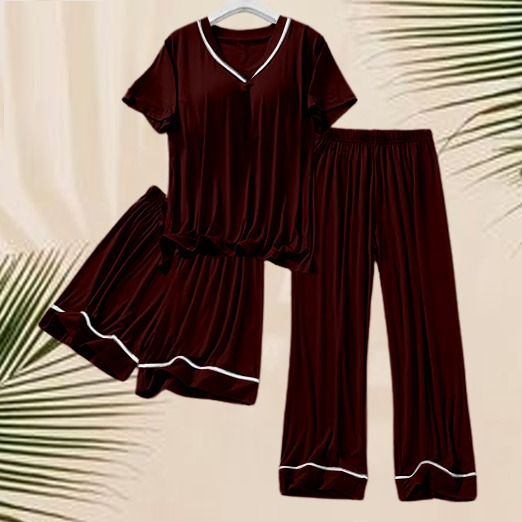 3-Piece Silk Nightwear Set for Women with Elegant White Borders Maroon