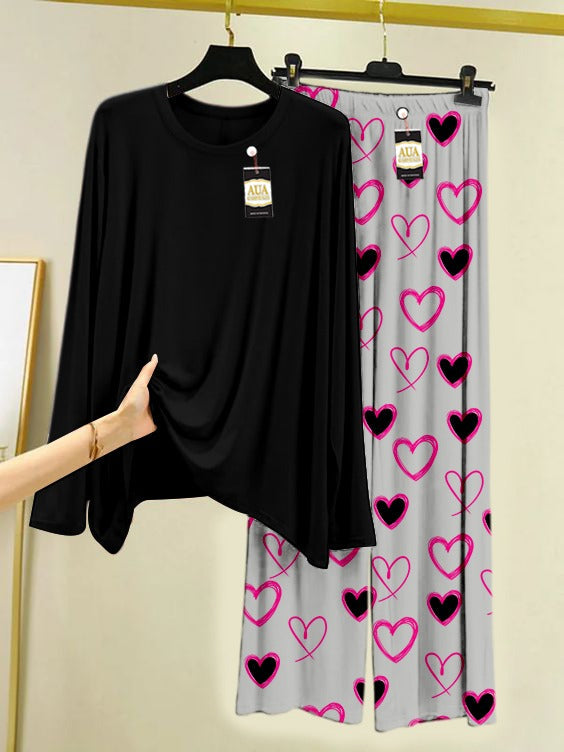 Plain Heart Printed Trouser Lounge wear Nightwear Sleepwear With Heart Prinred Trouser For Women