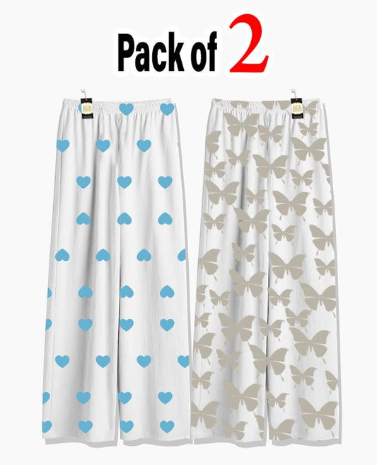 Pack of 2 Women's Nightwear Pajama Set - Blue Mini Heart & Grey Butterfly trouser Print