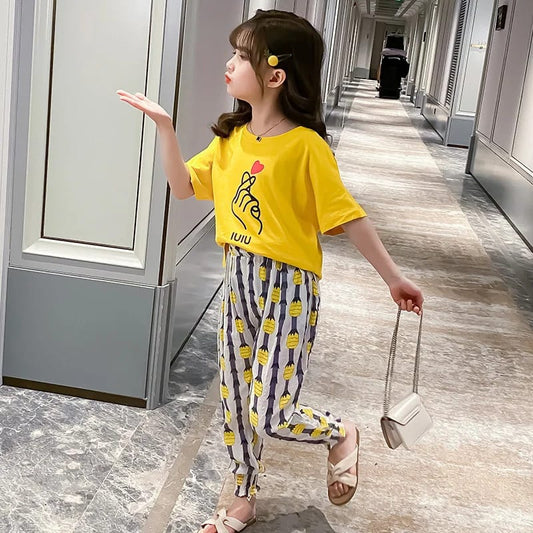 Girls' Stylish Graphic Tee & Striped Jogger Loungewear Set