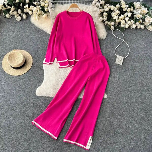 Chic Women's Pink Knit Sweater & Wide-Leg Pants Lounge Set
