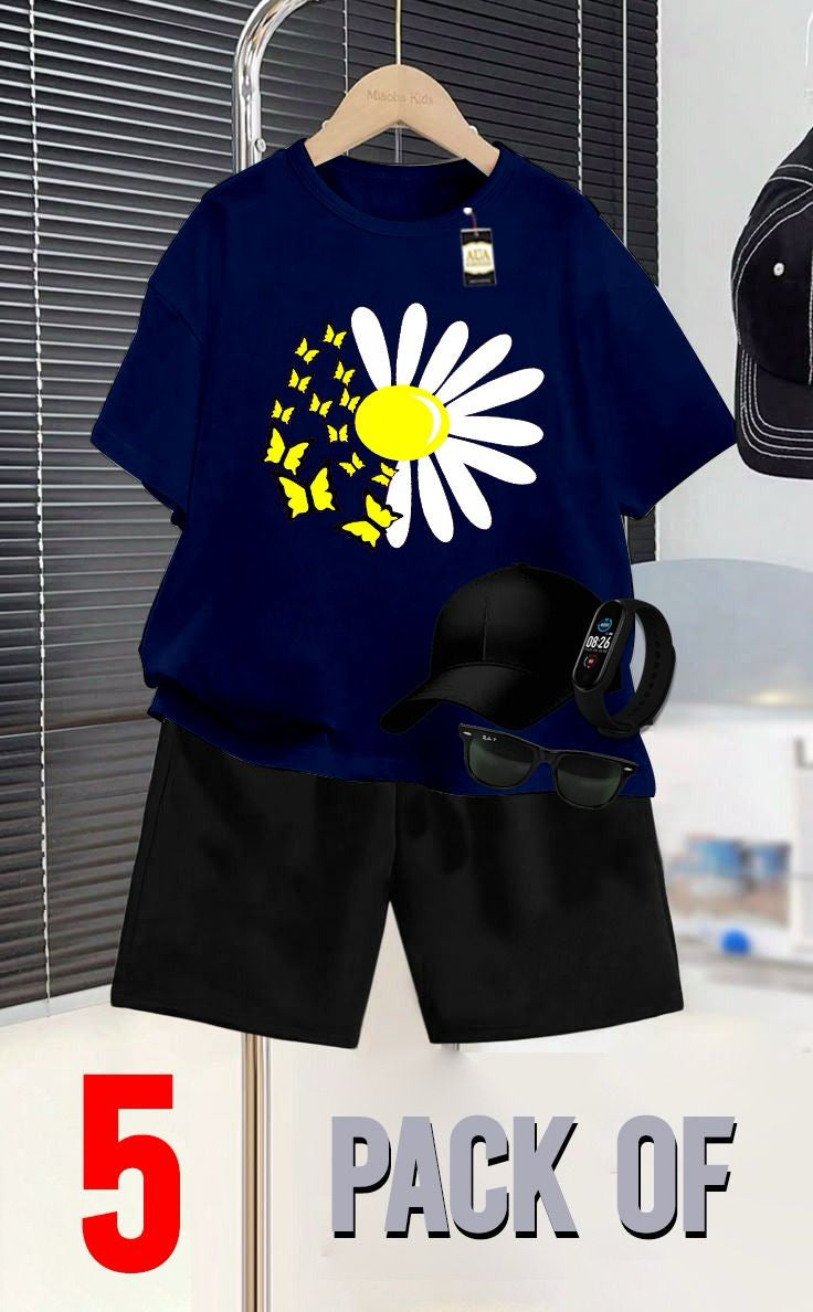 NAVY BLUE AND BLACK  _SUMMER COLLECTION FOR KIDS_ _PACK OF 5_ _T SHIRT & SHORT CAP GLASSES & WATCH_❤️