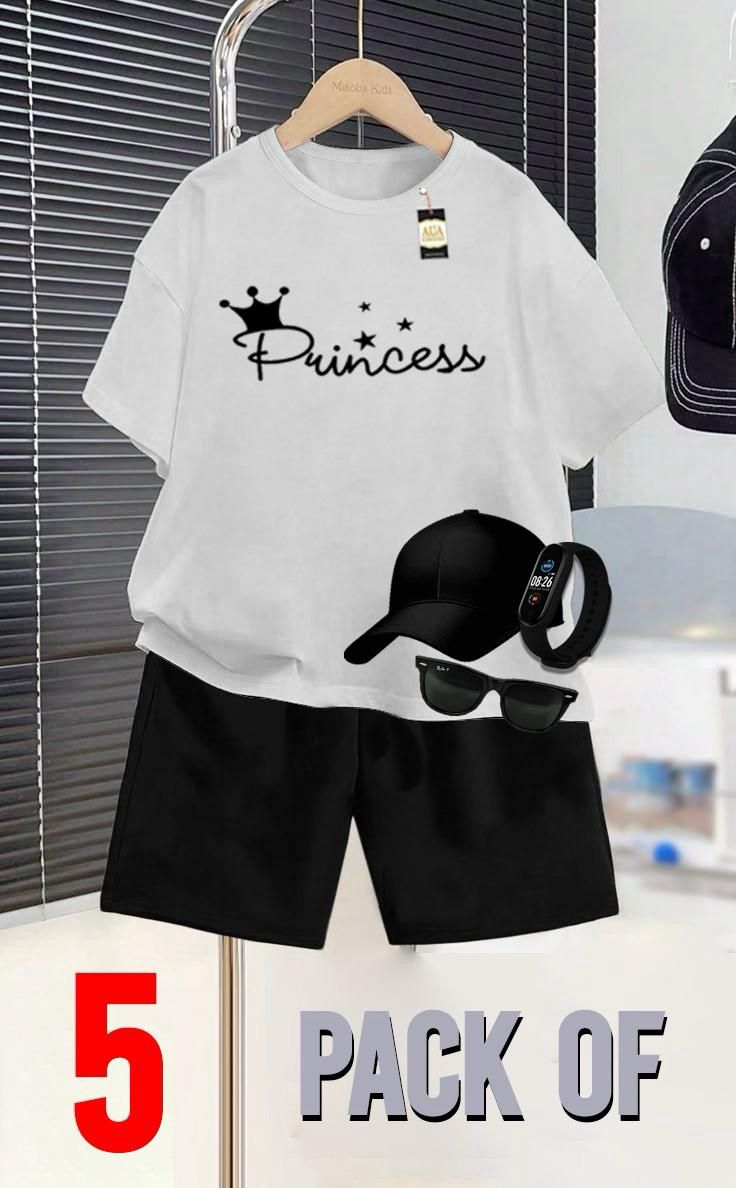 WHITE AND BLACK  _SUMMER COLLECTION FOR KIDS_  _PACK OF 5_ _T SHIRT & SHORT CAP GLASSES & WATCH_❤️