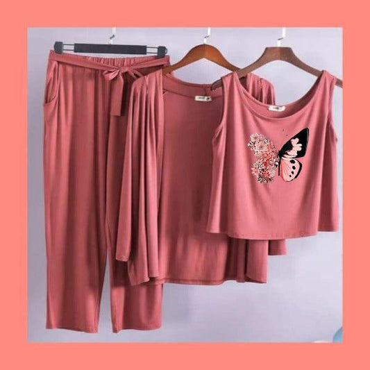 Stylish 3-Piece Black Loungewear Set - "Butterfly" Graphic