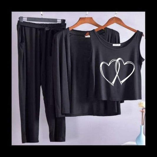 Women's 3-Piece Dusty Pink Pajama Set with Intertwined Hearts