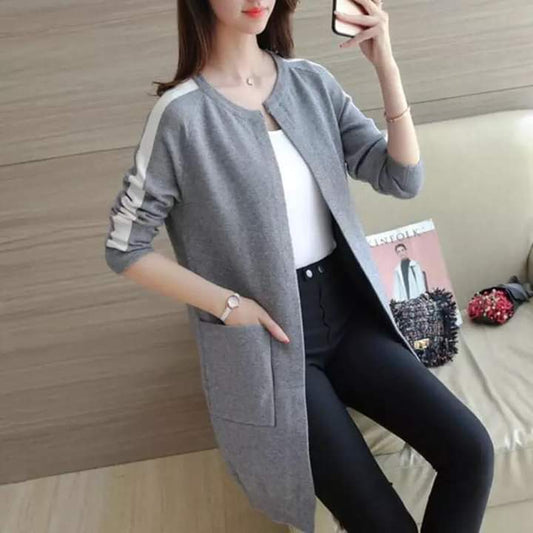 Women's Long White Sleeve Stripes - Stylish Open-Front Coat