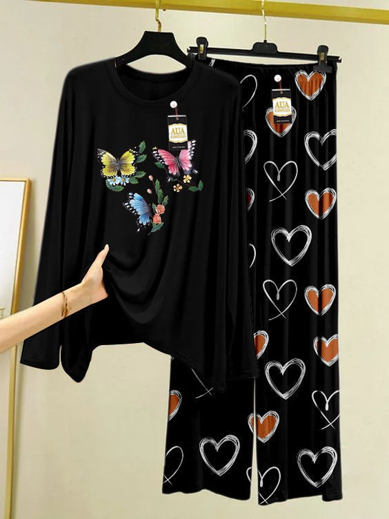 Mini Butterfly Printed Black Color Heart Printed Trouser Lounge wear Nightwear Sleepwear With Heart Prinred Trouser For Women By Araclosets (004)