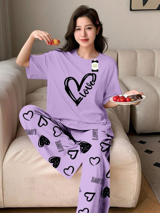 Purple Color Love Heart Printed Capri home wear nightwear (9 Colors)