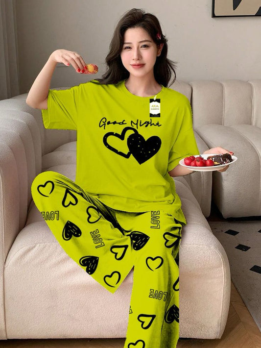 Light Green Color double Hearted good night Printed Capri home wear nightwear (8 Colors)