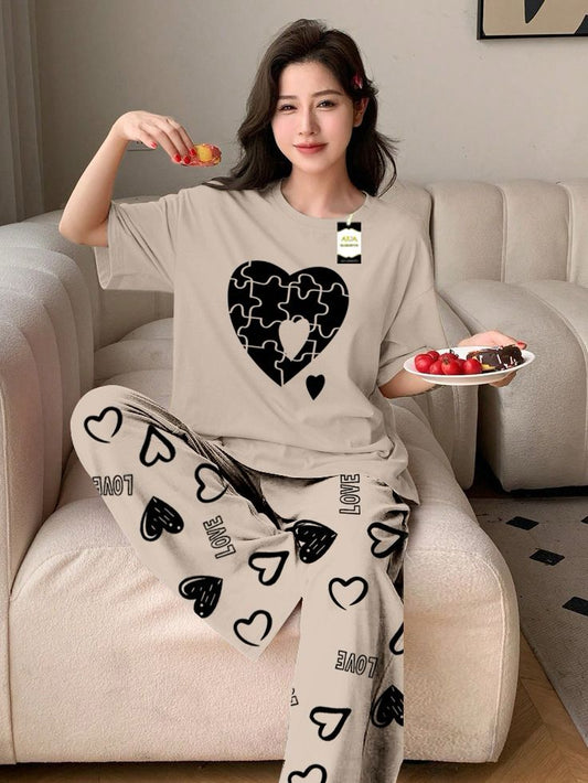 Gray (Copper) Color puzzle Heart Printed Capri home wear nightwear (9 Colors)