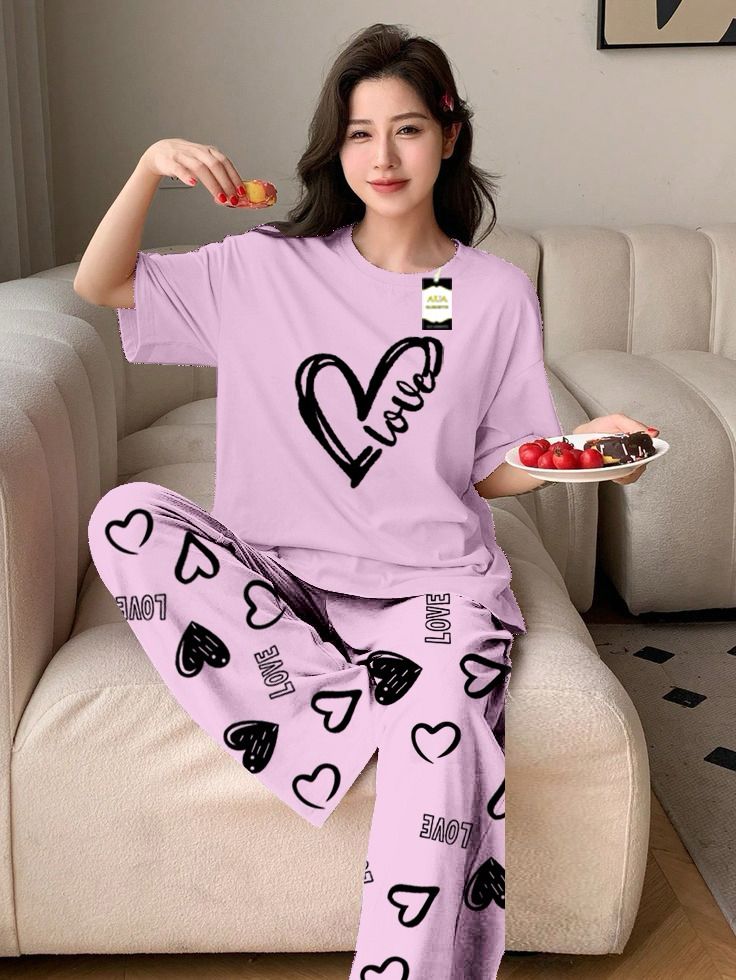 Purple Color Love Heart Printed Capri home wear nightwear (9 Colors)