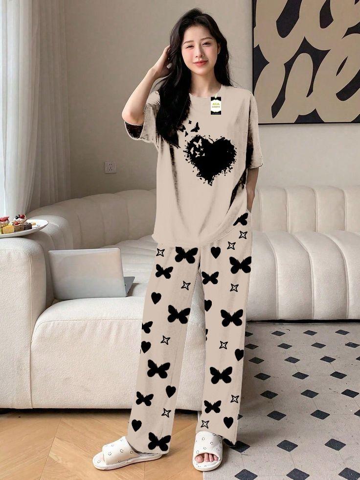 Blue Color women Heart Printed butterfly flying Capri home wear nightwear (9 Colors)