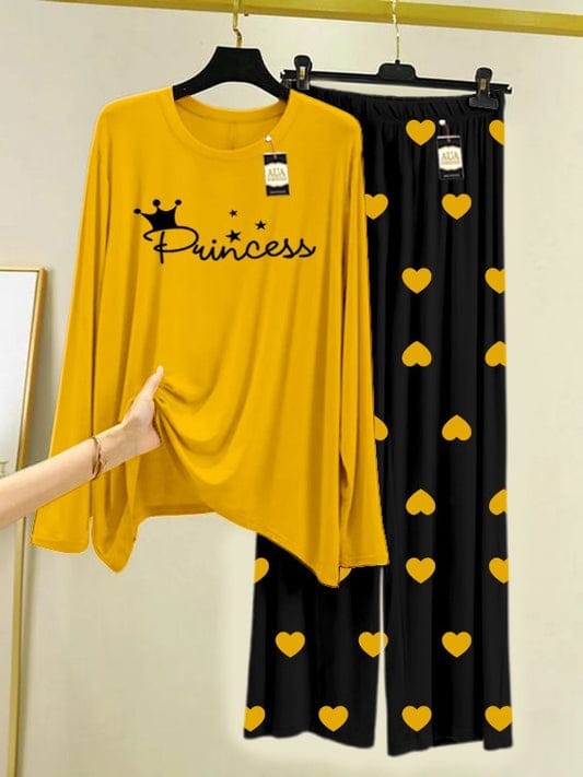 Princess" Crown Graphic Night Suit Set - Yellow & Black